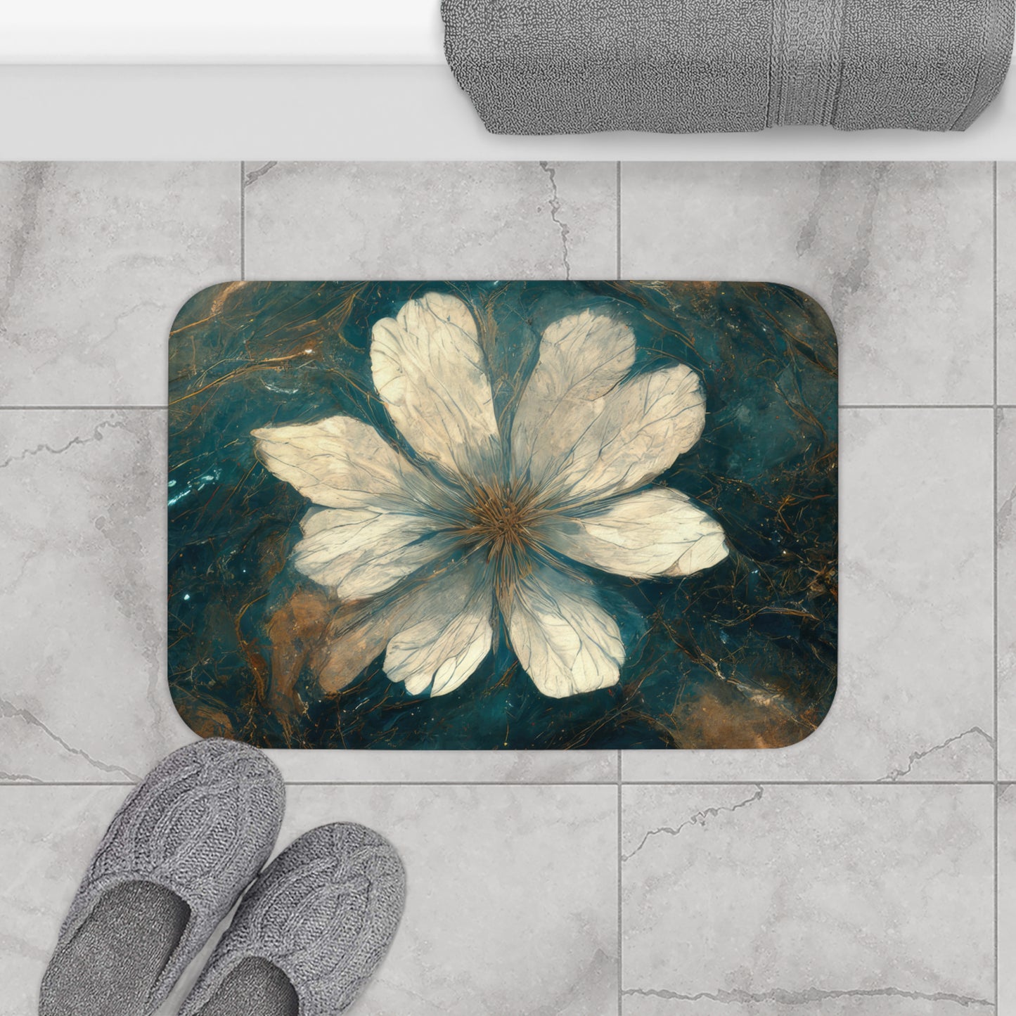 Bold And Beautiful White, Grey And Blue Floral Style 1 Bath Mat
