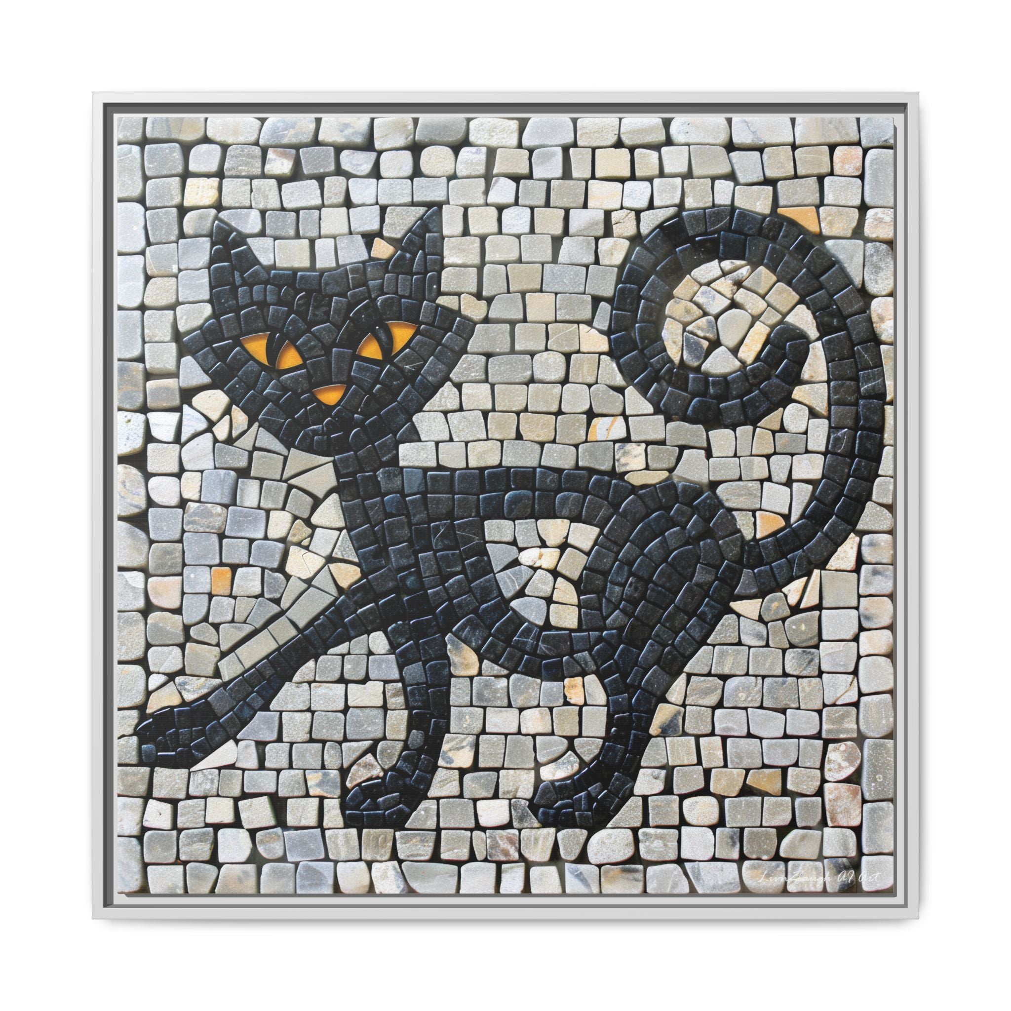 "Curious Black Cat Mosaic", Framed Mosaic Cat Art Print — Colorful Modern Wall Canvas