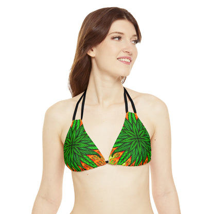 Beautifully Designed Orange, Yellow And Green Marijuana Leaf Strappy Bikini Set (AOP)