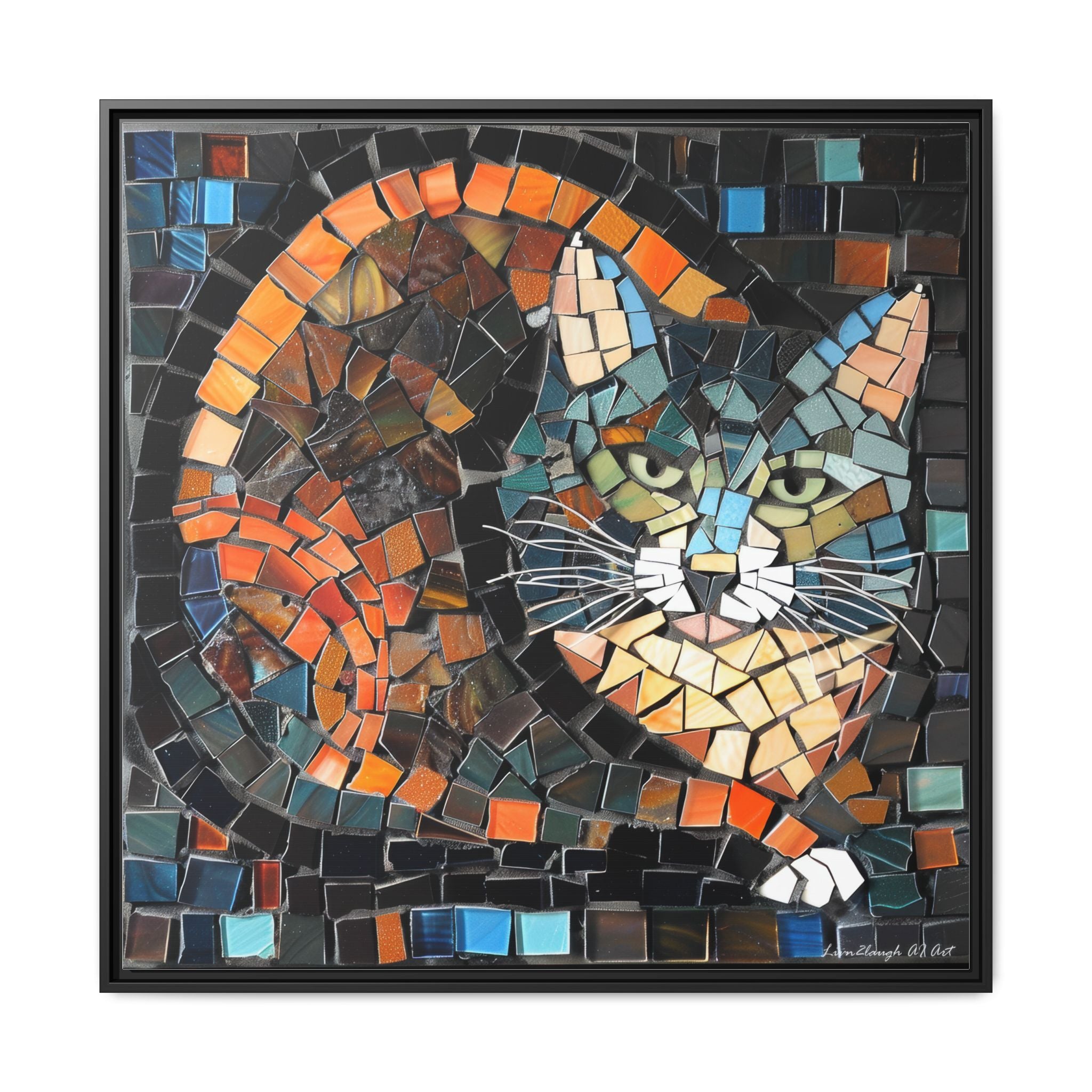 "Bold Mosaic Cat", Framed Mosaic Cat Art Print — Colorful Modern Wall Canvas