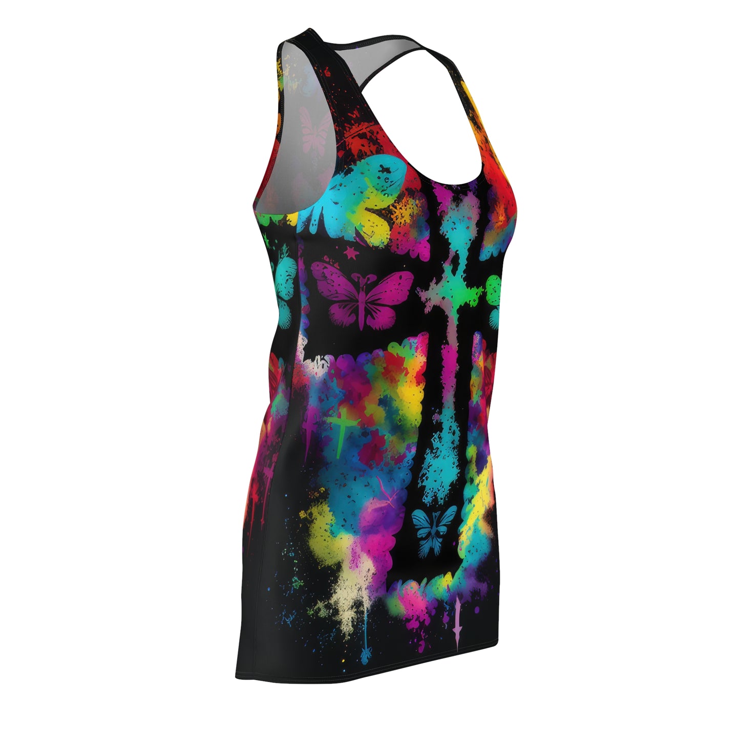 Bold And Beautiful Tie Dye Cross And Butterflies Style Two Women's Cut & Sew Racerback Dress (AOP)