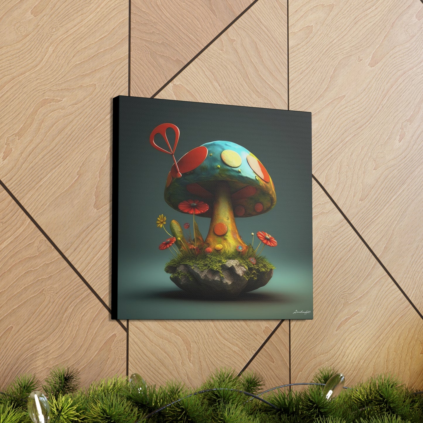 Sassy Colorful Blue Mushroom With Flowers Canvas Gallery Wraps