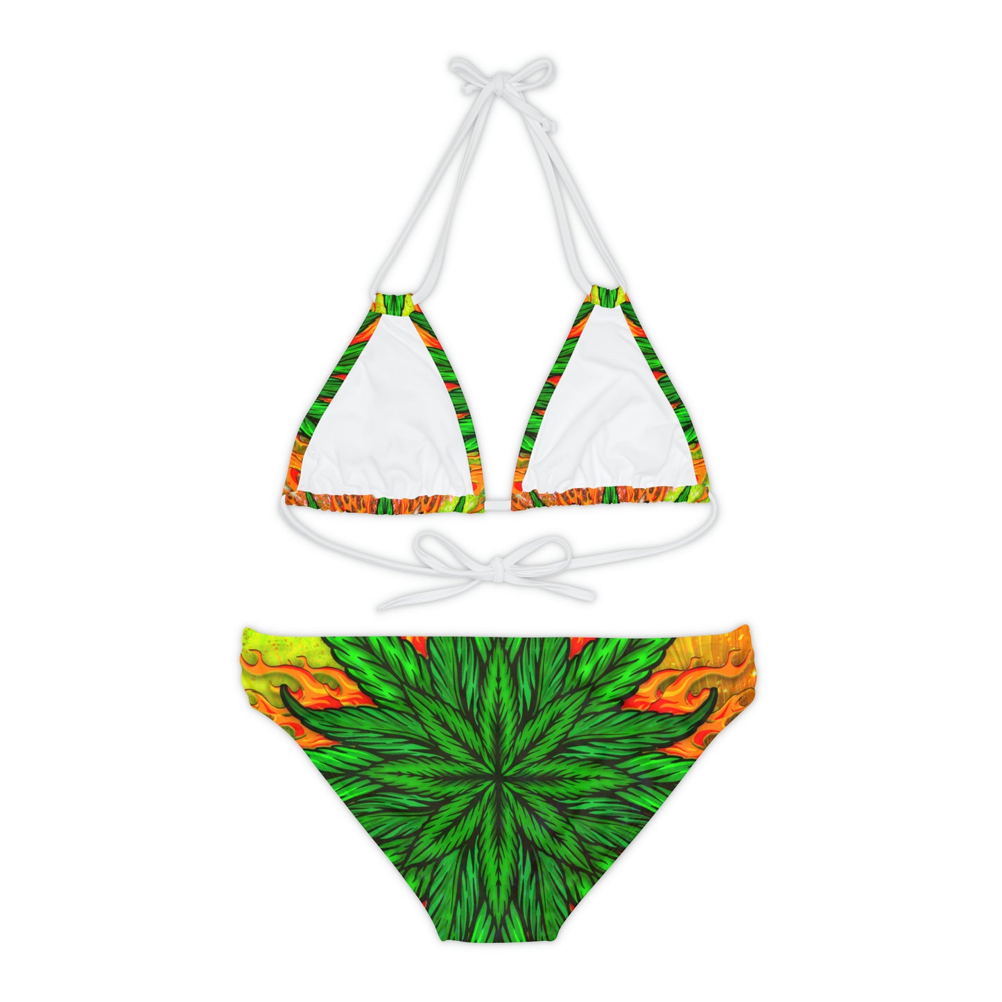 Beautifully Designed Orange, Yellow And Green Marijuana Leaf Strappy Bikini Set (AOP)