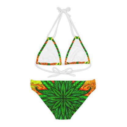 Beautifully Designed Orange, Yellow And Green Marijuana Leaf Strappy Bikini Set (AOP)