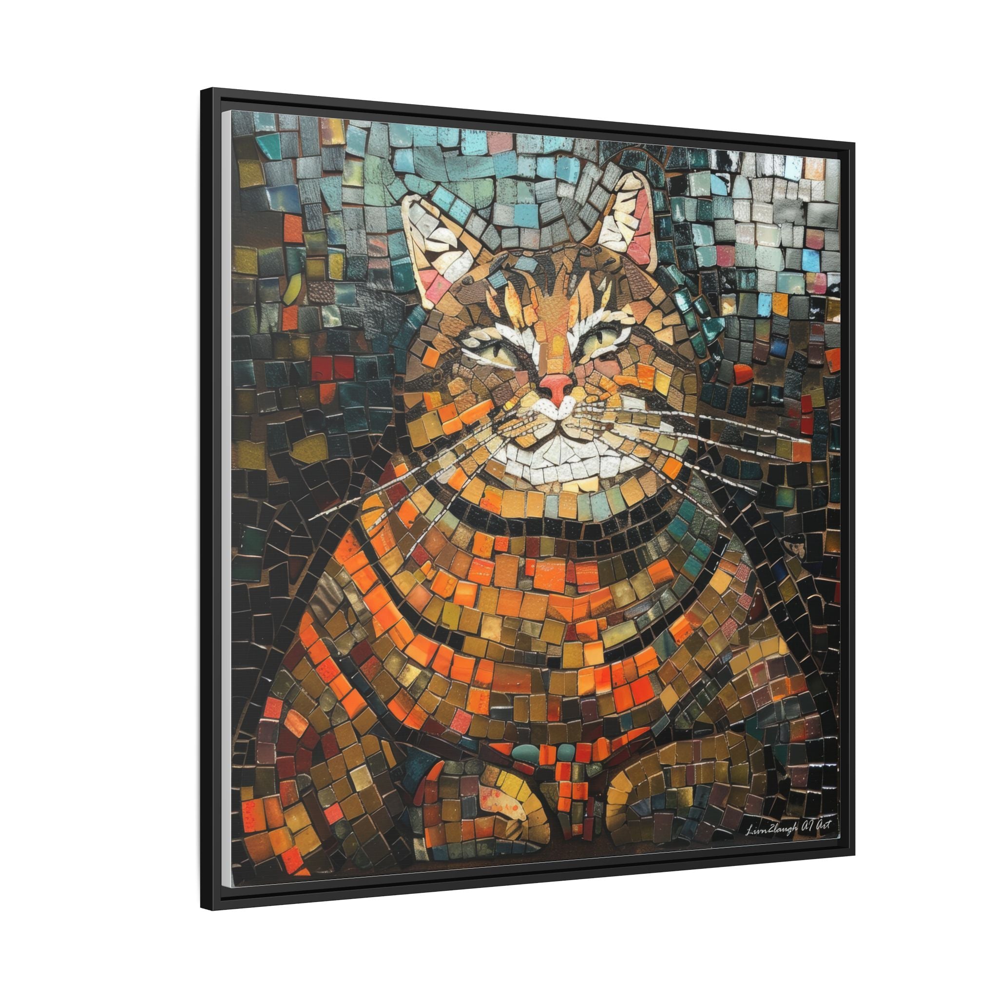 Mosaic Majesty: The Regal Cat, Framed Mosaic Cat Art Print — Colorful Modern Wall Canvas