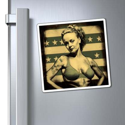 Retro Tattooed Pinup Blue, Red And White Star Magnet Style Ten