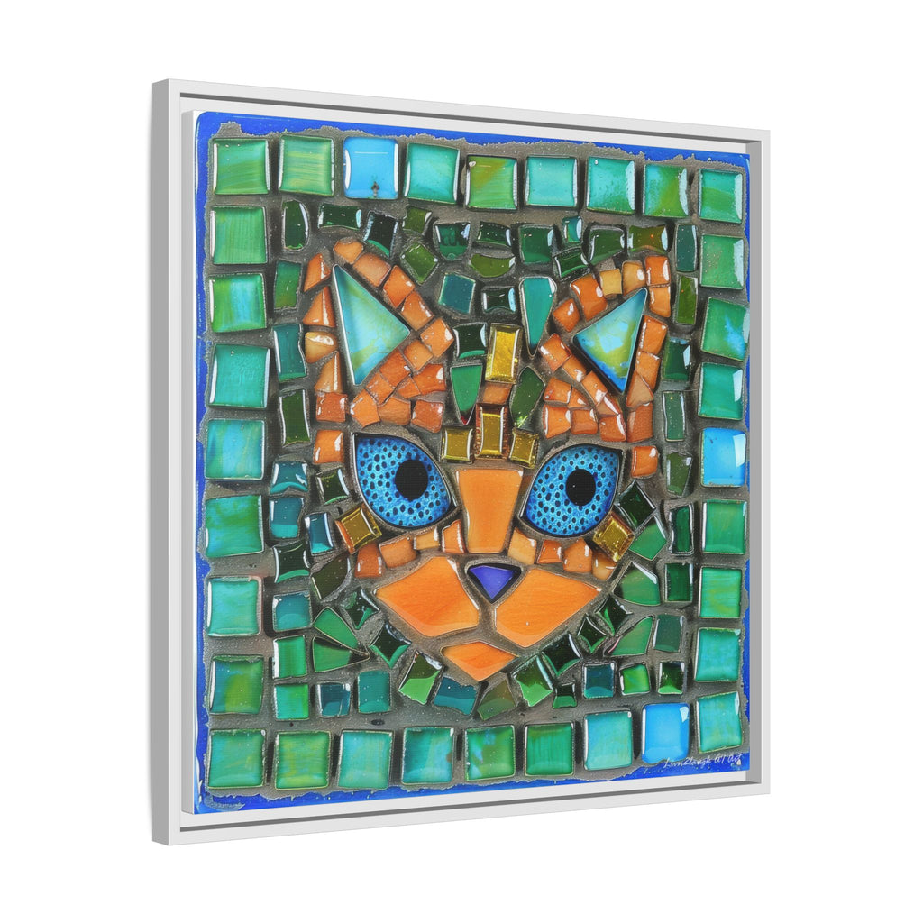 "Emerald Eyes Mosaic Cat", Framed Mosaic Cat Art Print — Colorful Modern Wall Canvas