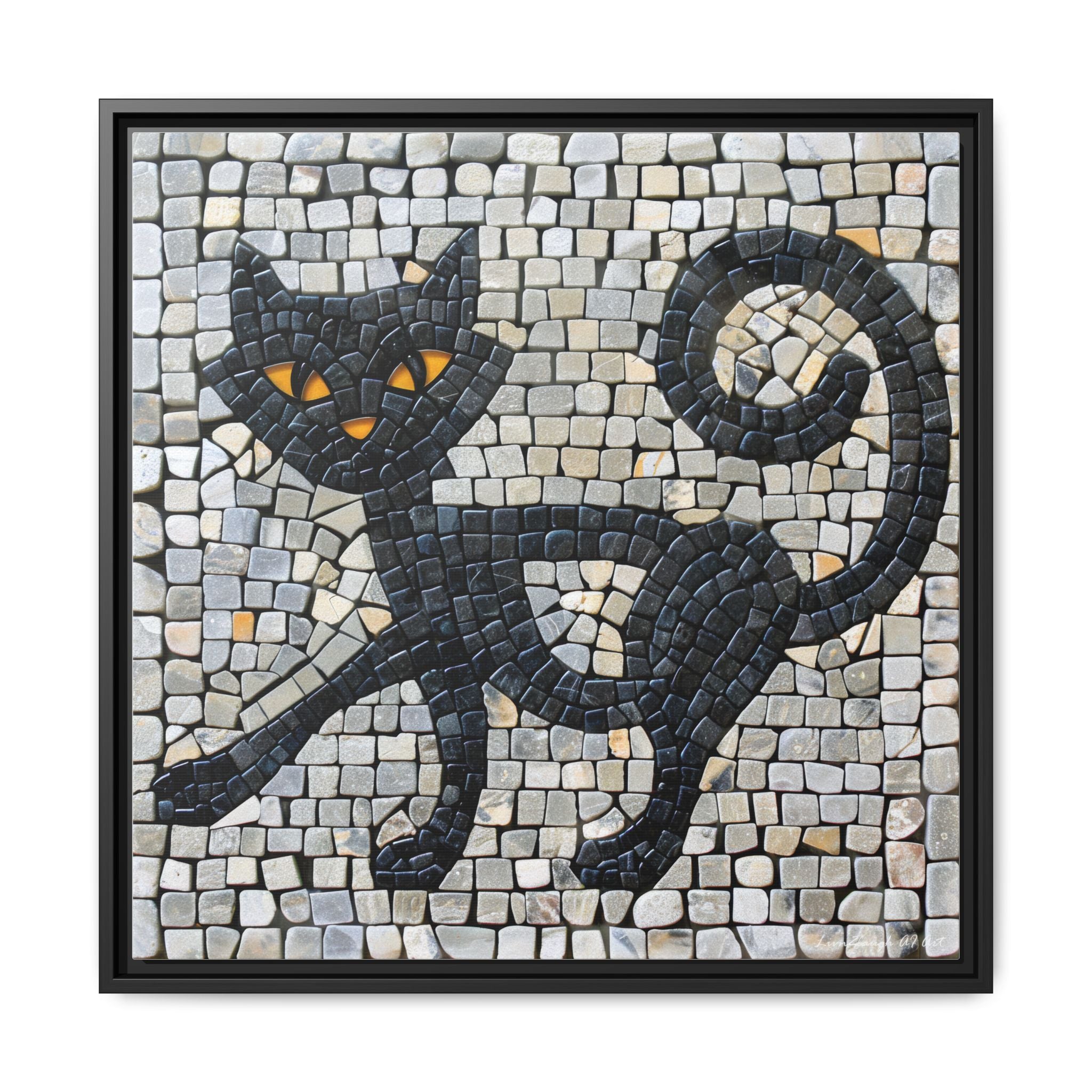 "Curious Black Cat Mosaic", Framed Mosaic Cat Art Print — Colorful Modern Wall Canvas