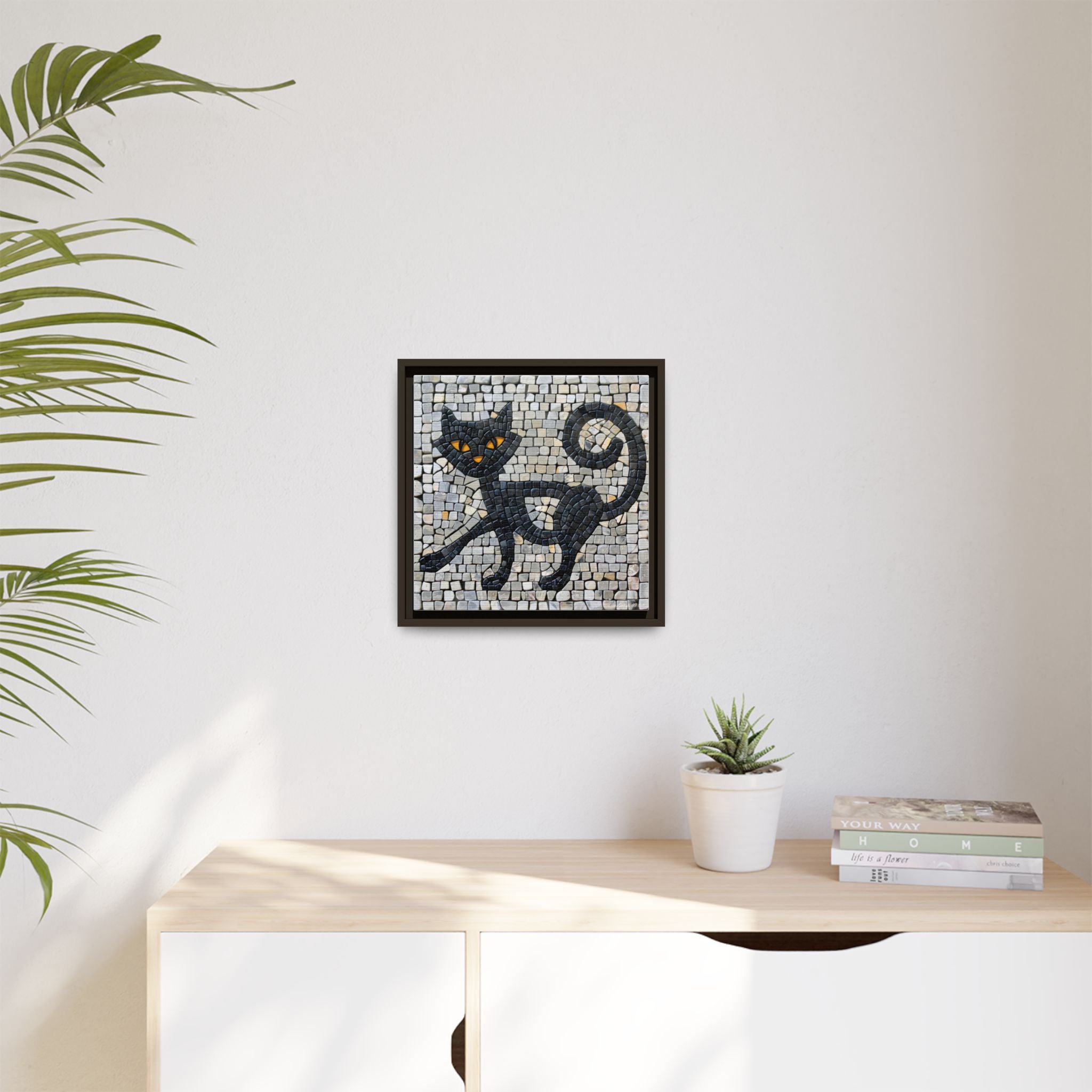 "Curious Black Cat Mosaic", Framed Mosaic Cat Art Print — Colorful Modern Wall Canvas