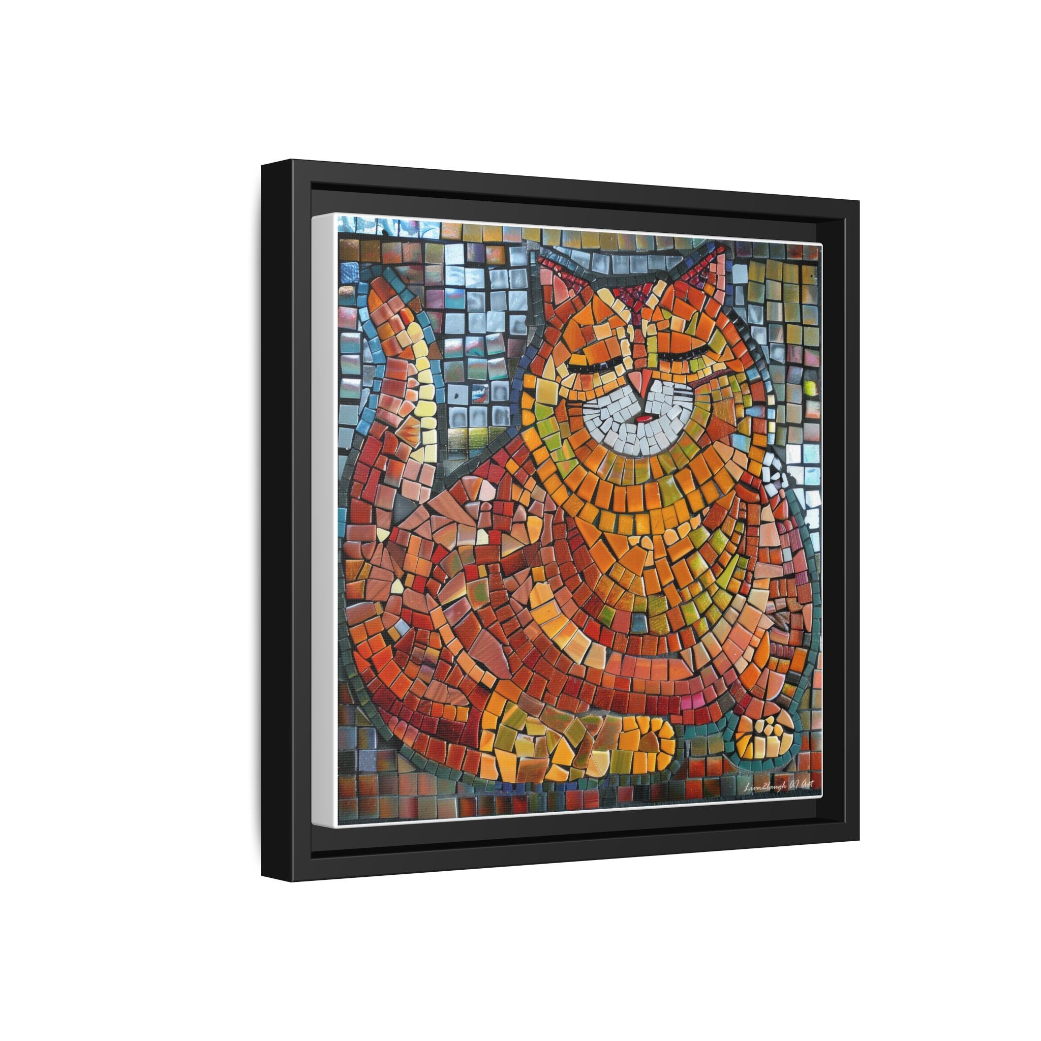 Radiant Whiskers: The Joyful Cat, Framed Mosaic Cat Art Print — Colorful Modern Wall Canvas