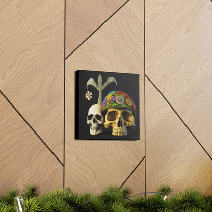 Double Skull With Yellow White Purple Flowers Canvas Gallery Wraps