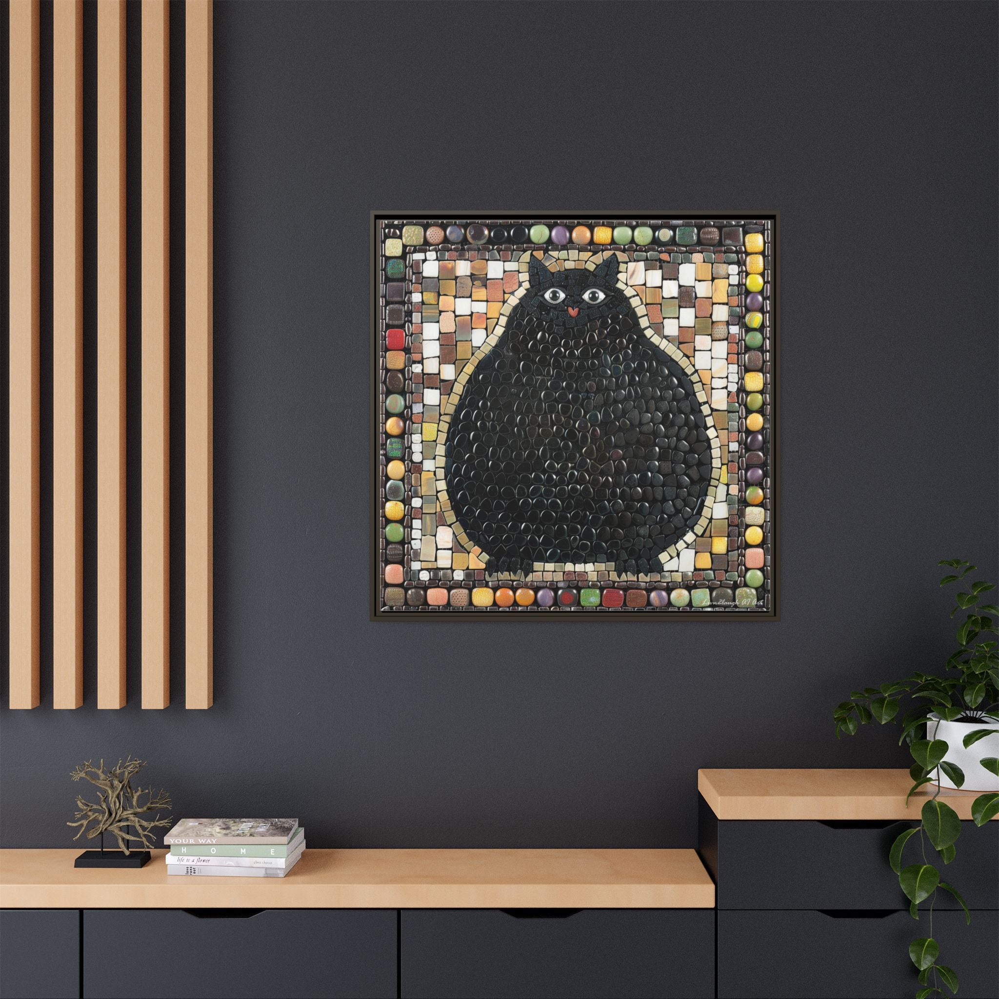 "Playful Black Cat Mosaic", Framed Mosaic Cat Art Print — Colorful Modern Wall Canvas