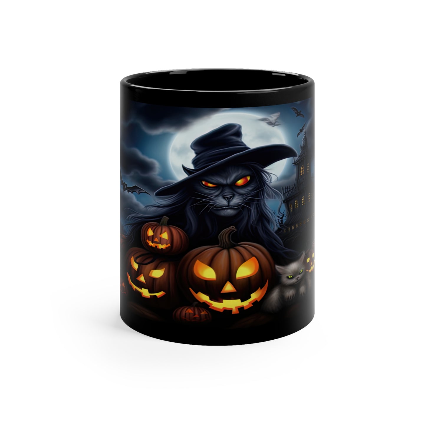 Gothic Witch Hat Cat With Halloween Glowing Smiling Pumpkins 11oz Black Mug