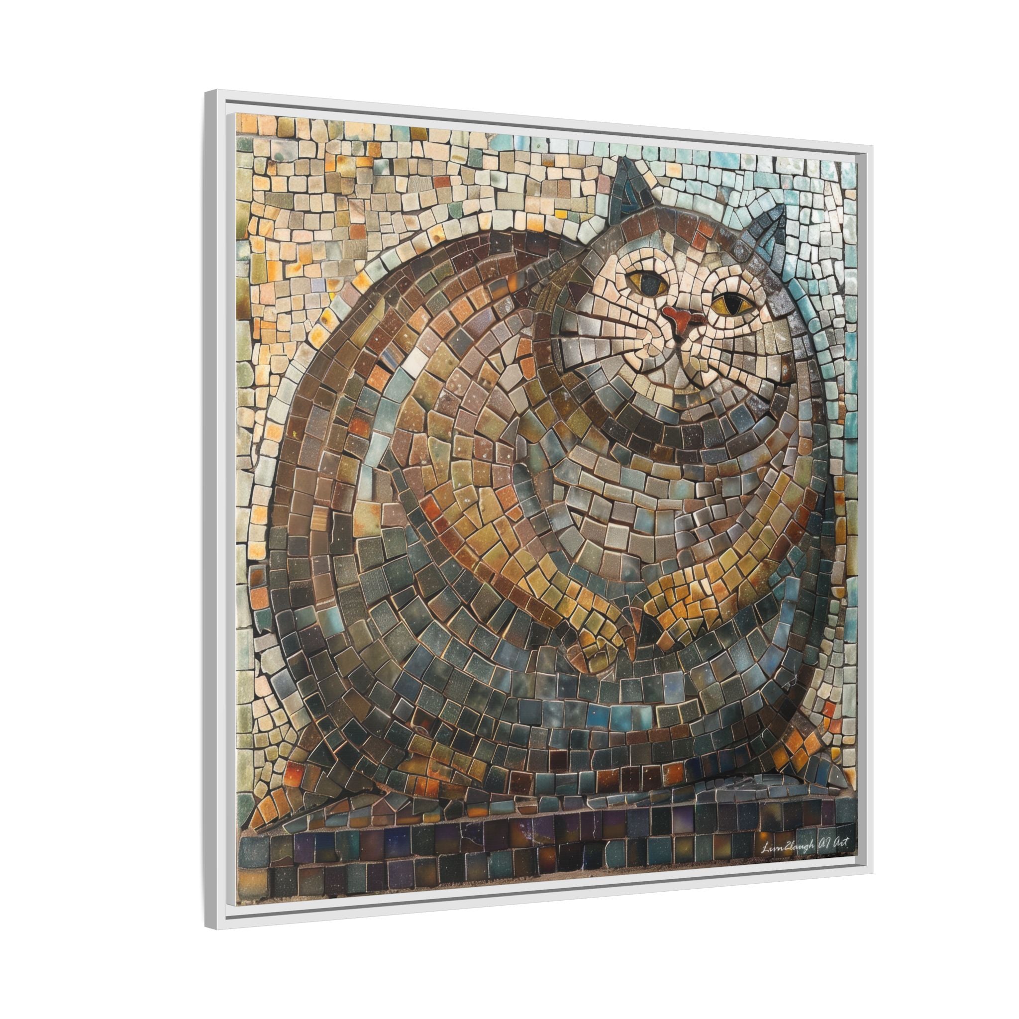 "Serene Mosaic Cat", Framed Mosaic Cat Art Print — Colorful Modern Wall Canvas