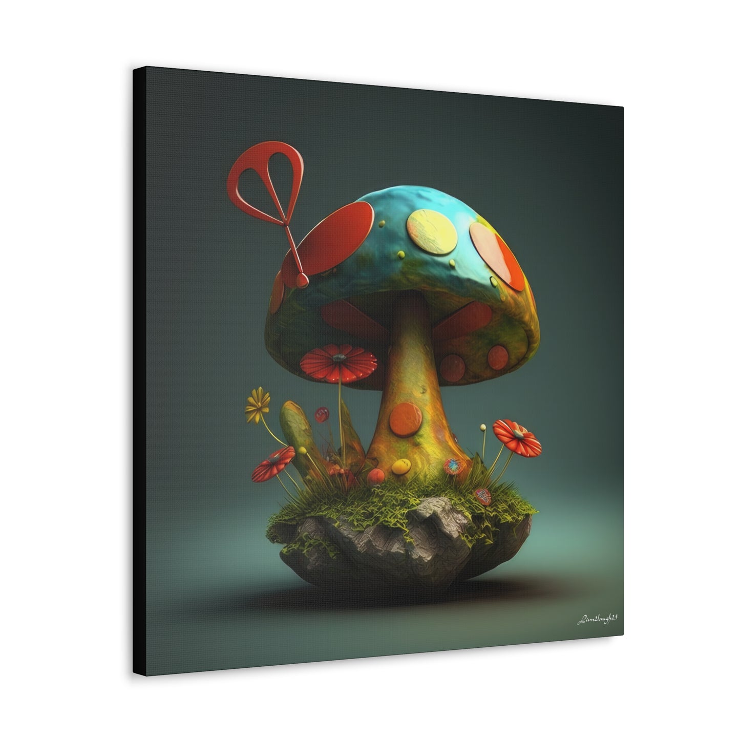 Sassy Colorful Blue Mushroom With Flowers Canvas Gallery Wraps