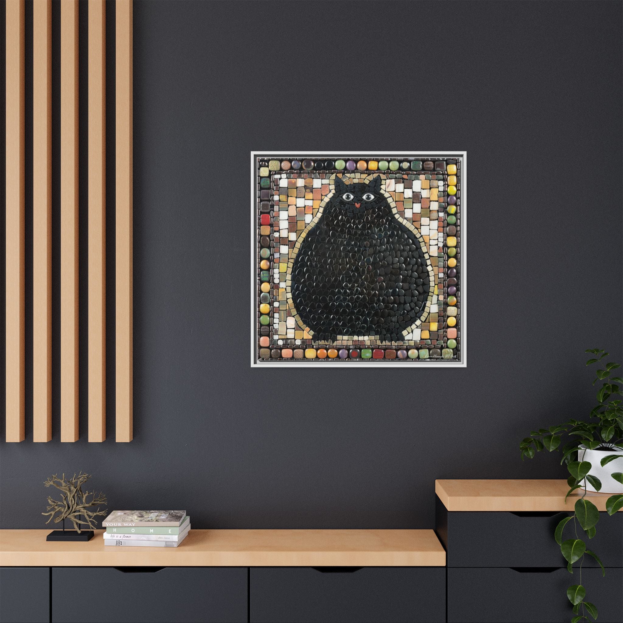 "Playful Black Cat Mosaic", Framed Mosaic Cat Art Print — Colorful Modern Wall Canvas