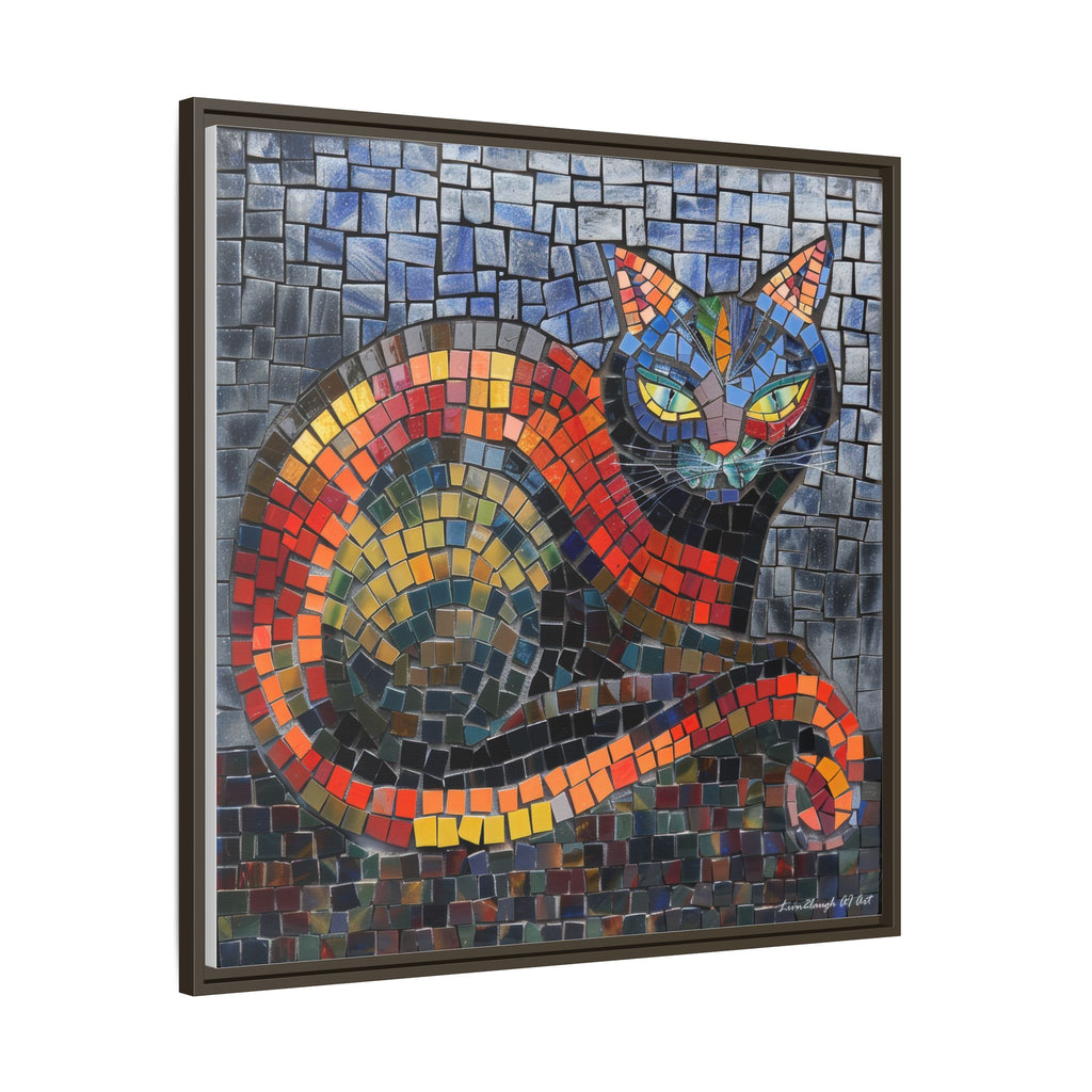 Mystic Shadows: The Enigmatic Cat, Framed Mosaic Cat Art Print — Colorful Modern Wall Canvas
