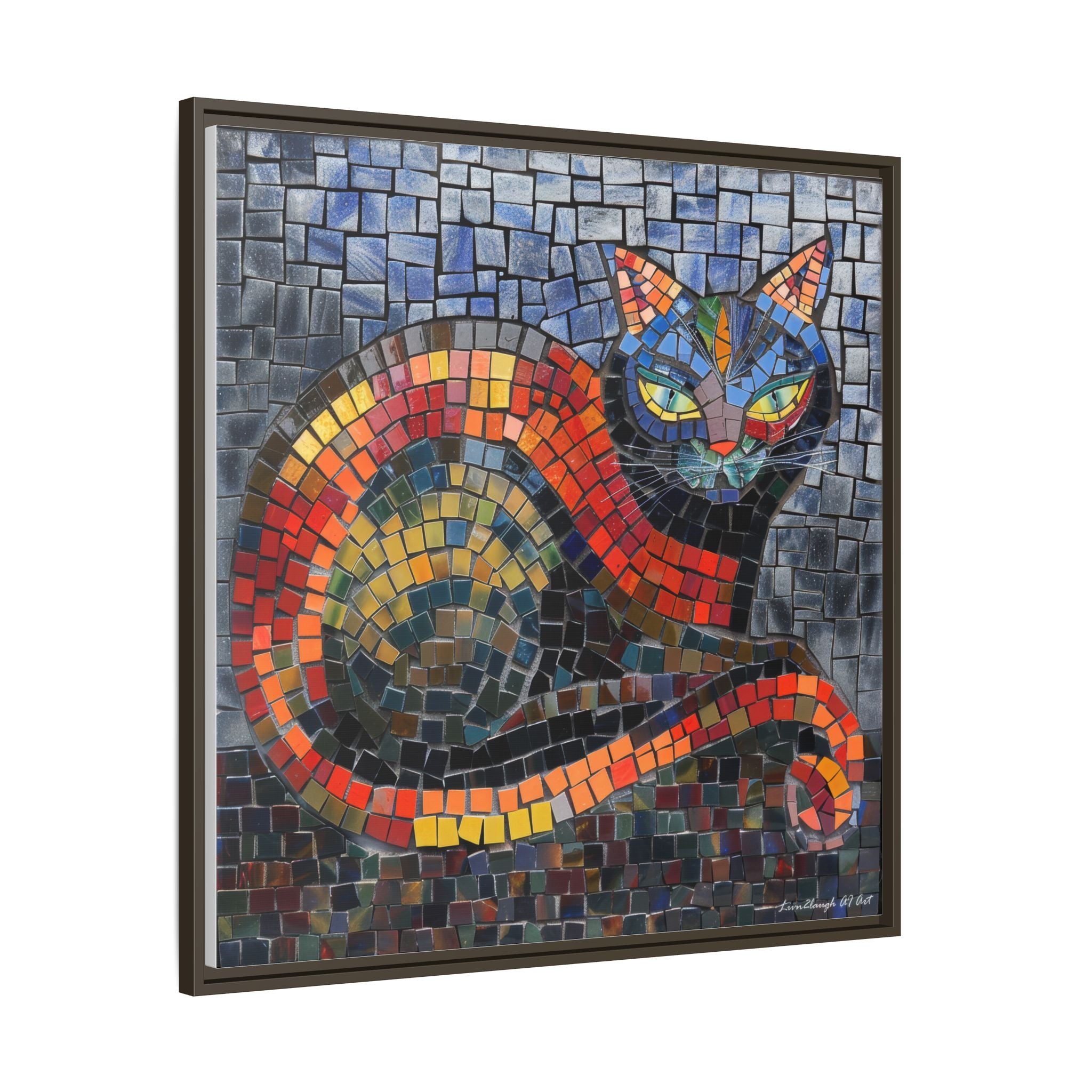 Mystic Shadows: The Enigmatic Cat, Framed Mosaic Cat Art Print — Colorful Modern Wall Canvas