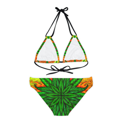 Beautifully Designed Orange, Yellow And Green Marijuana Leaf Strappy Bikini Set (AOP)