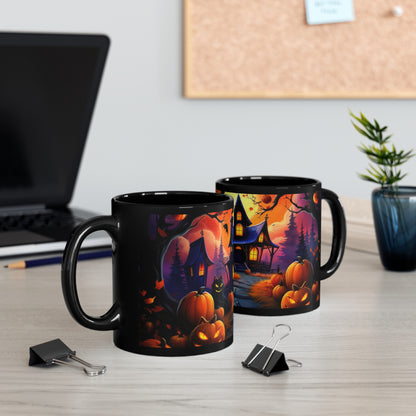 Spooky Halloween House With Pumpkin Line Path , Black Cat 11oz Black Mug