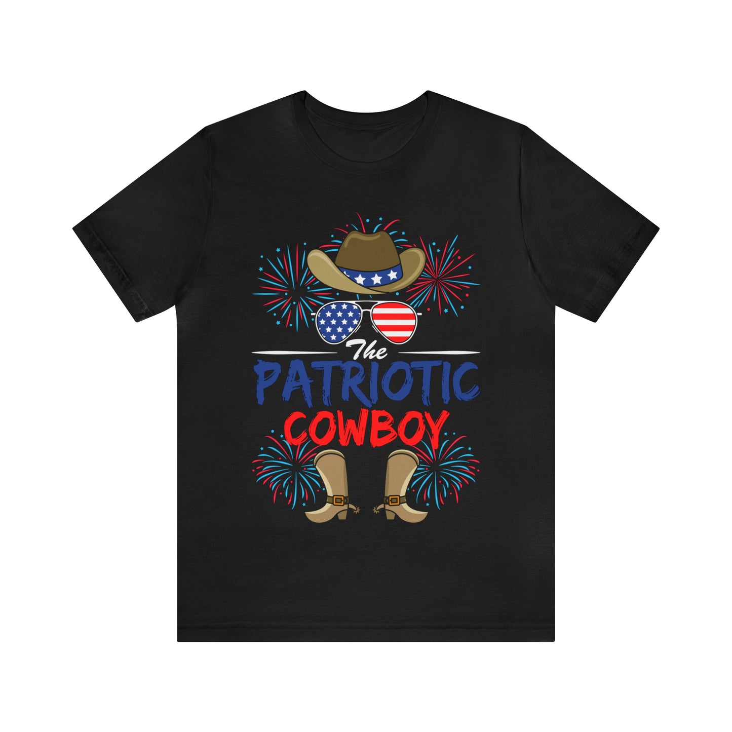 Patriotic Cowboy, American Flag 'Glasses, Cowboy Hat and Boots, Fourth of July 4th Unisex Jersey Short Sleeve Tee