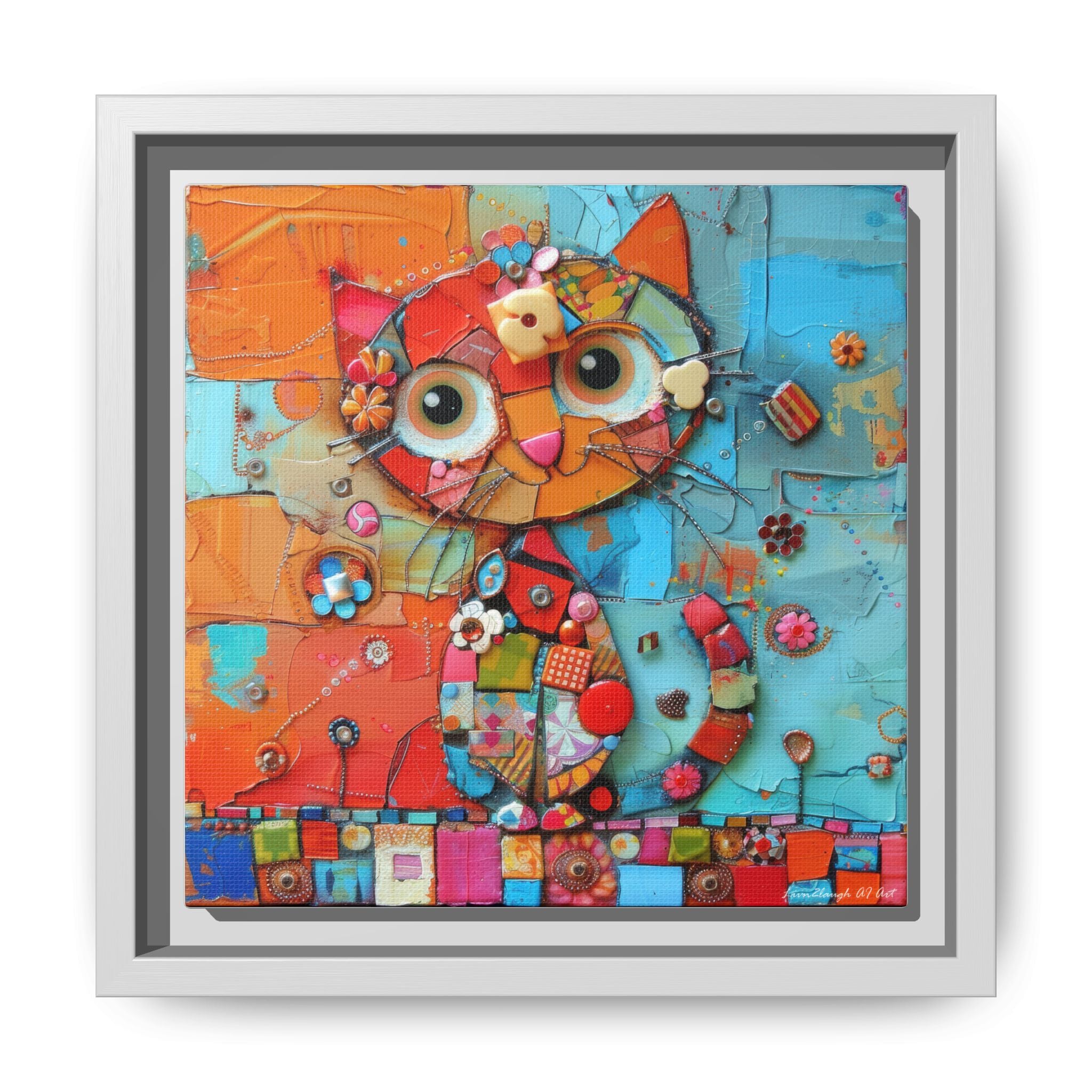 "Whimsical Mosaic Cat", Framed Mosaic Cat Art Print — Colorful Modern Wall Canvas