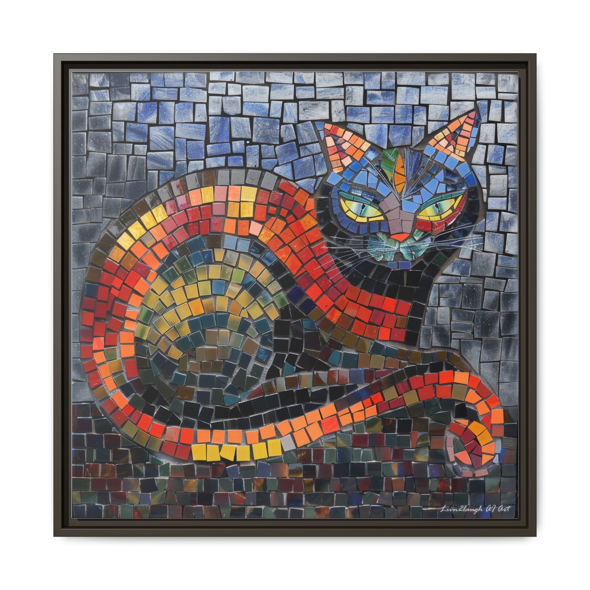 Mystic Shadows: The Enigmatic Cat, Framed Mosaic Cat Art Print — Colorful Modern Wall Canvas