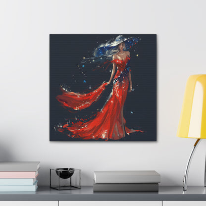 Lady In Red White Blue Hat Canvas Gallery Wraps