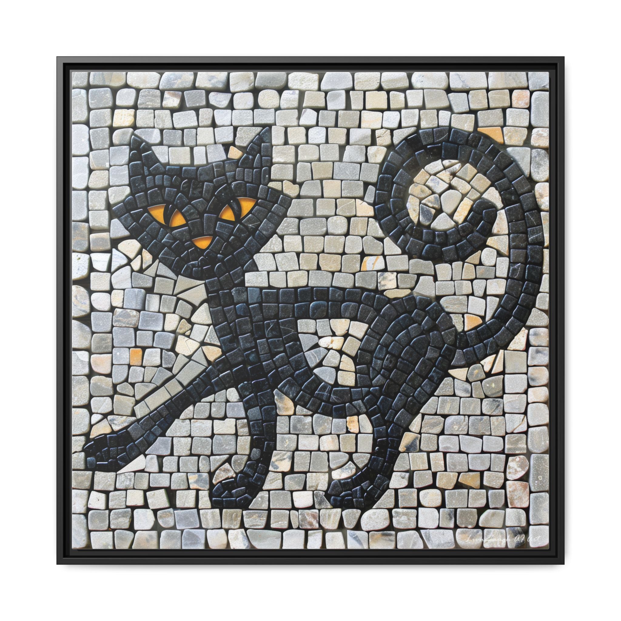 "Curious Black Cat Mosaic", Framed Mosaic Cat Art Print — Colorful Modern Wall Canvas