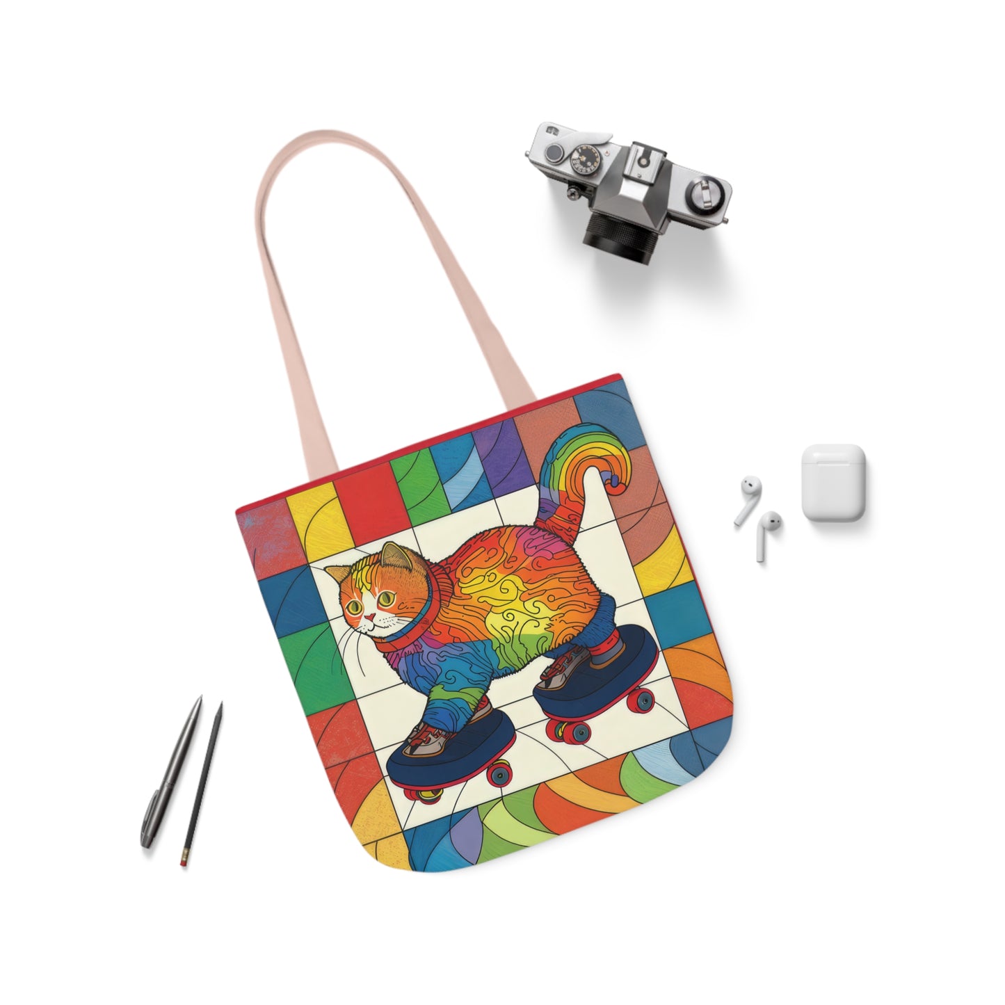 Gorgeous Rainbow Cat Riding A Skate/Skateboard With Rainbow Border Polyester Canvas Tote Bag (AOP)