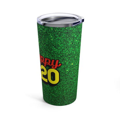 Happy Marijuana 420 In Yellow With Green Pot Leaf, Green Background By Fly Designs Tumbler 20oz