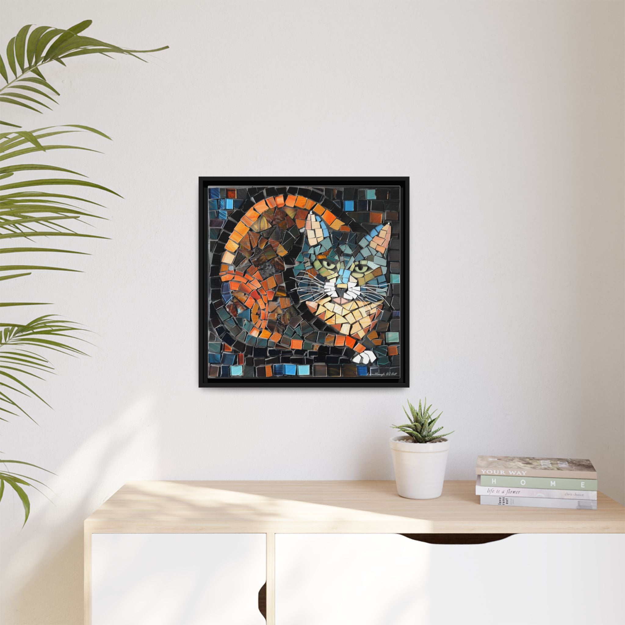 "Bold Mosaic Cat", Framed Mosaic Cat Art Print — Colorful Modern Wall Canvas