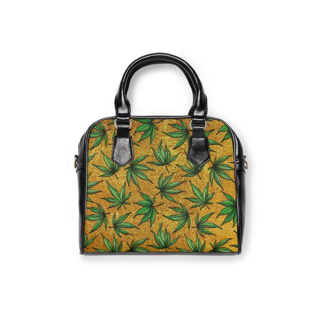 Gold And Green Marijuana Pot Weed Leaf With Gold Background 420 Shoulder Handbag