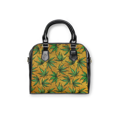 Gold And Green Marijuana Pot Weed Leaf With Gold Background 420 Shoulder Handbag