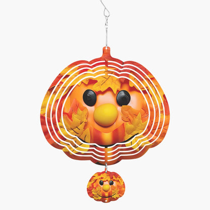 Pumpkin Autumn Fall Face With Fall Leaves Shaped Wind Spinner