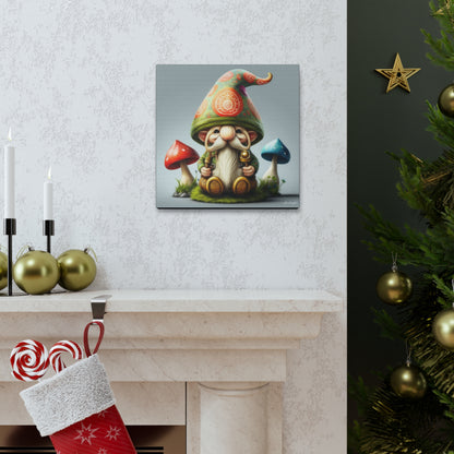 Gnome With Beautifully Detailed Green Orange Hat With Blue And Red Mushrooms Canvas Gallery Wraps