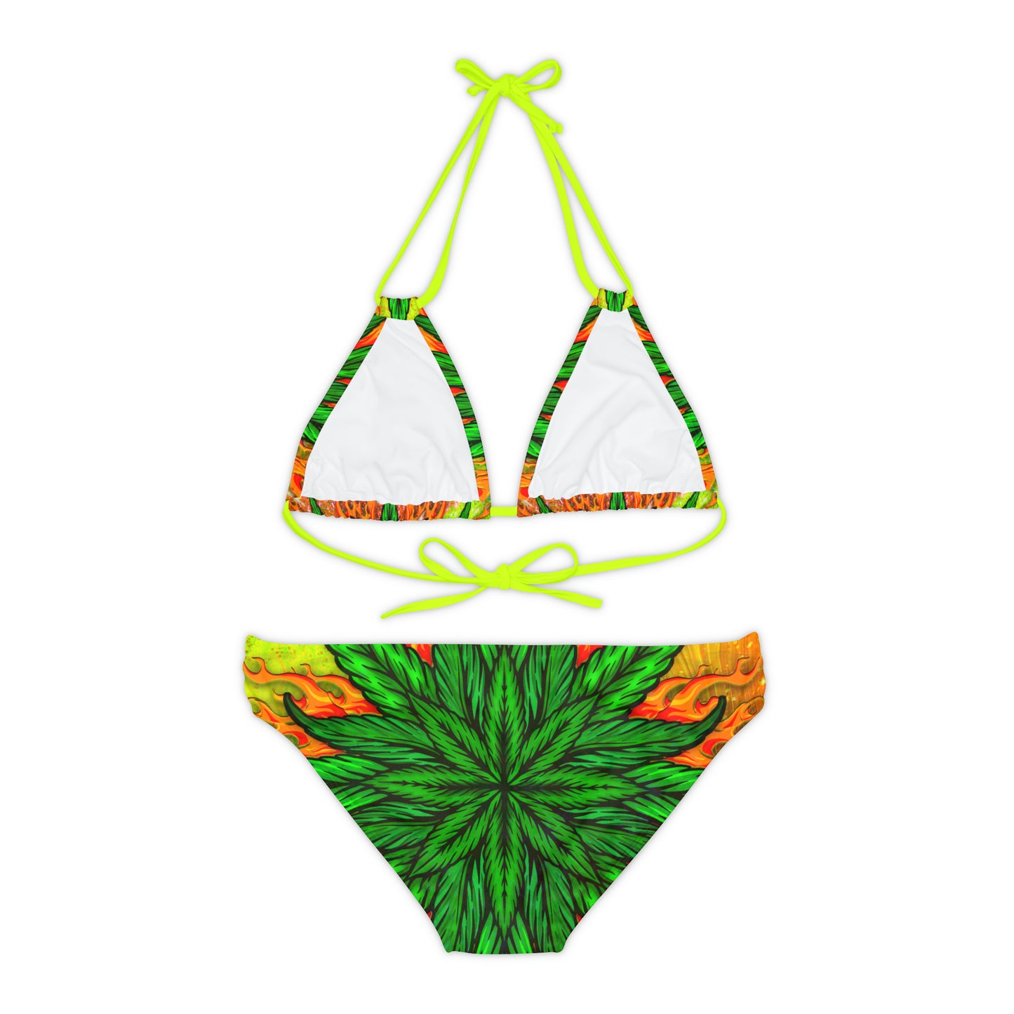 Beautifully Designed Orange, Yellow And Green Marijuana Leaf Strappy Bikini Set (AOP)