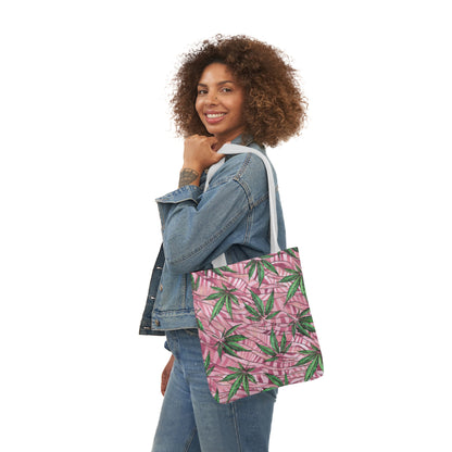 Beautifully Pink And Green Gorgeous Designed Marijuana 420 Weed Leaf Polyester Canvas Tote Bag (AOP)