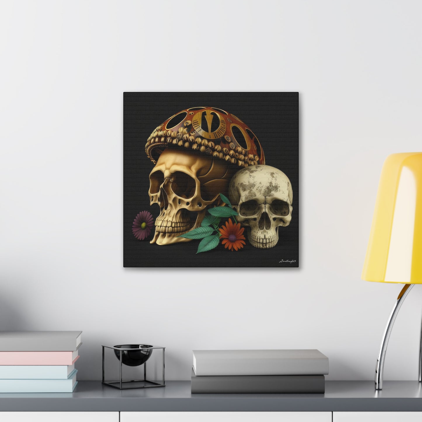 Double Skull With One Colorful Beautifully Detailed Helmet Purple Orange Flowers Canvas Gallery Wraps