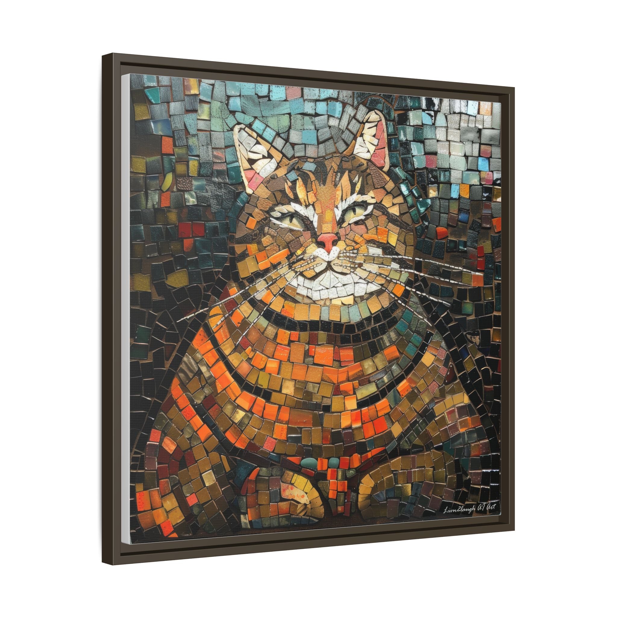 Mosaic Majesty: The Regal Cat, Framed Mosaic Cat Art Print — Colorful Modern Wall Canvas