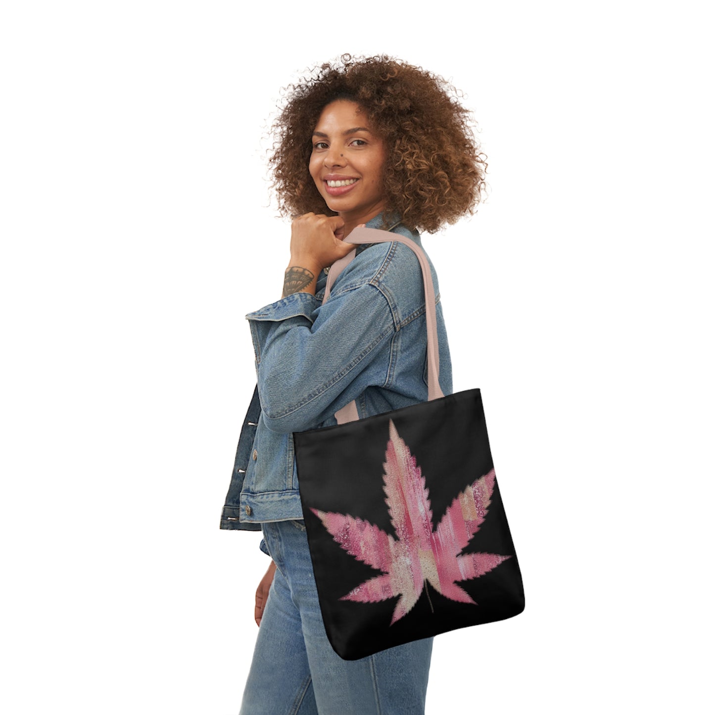 Sassy Single Pink Marijuana 420 Weed Leaf With Black Background Polyester Canvas Tote Bag (AOP)