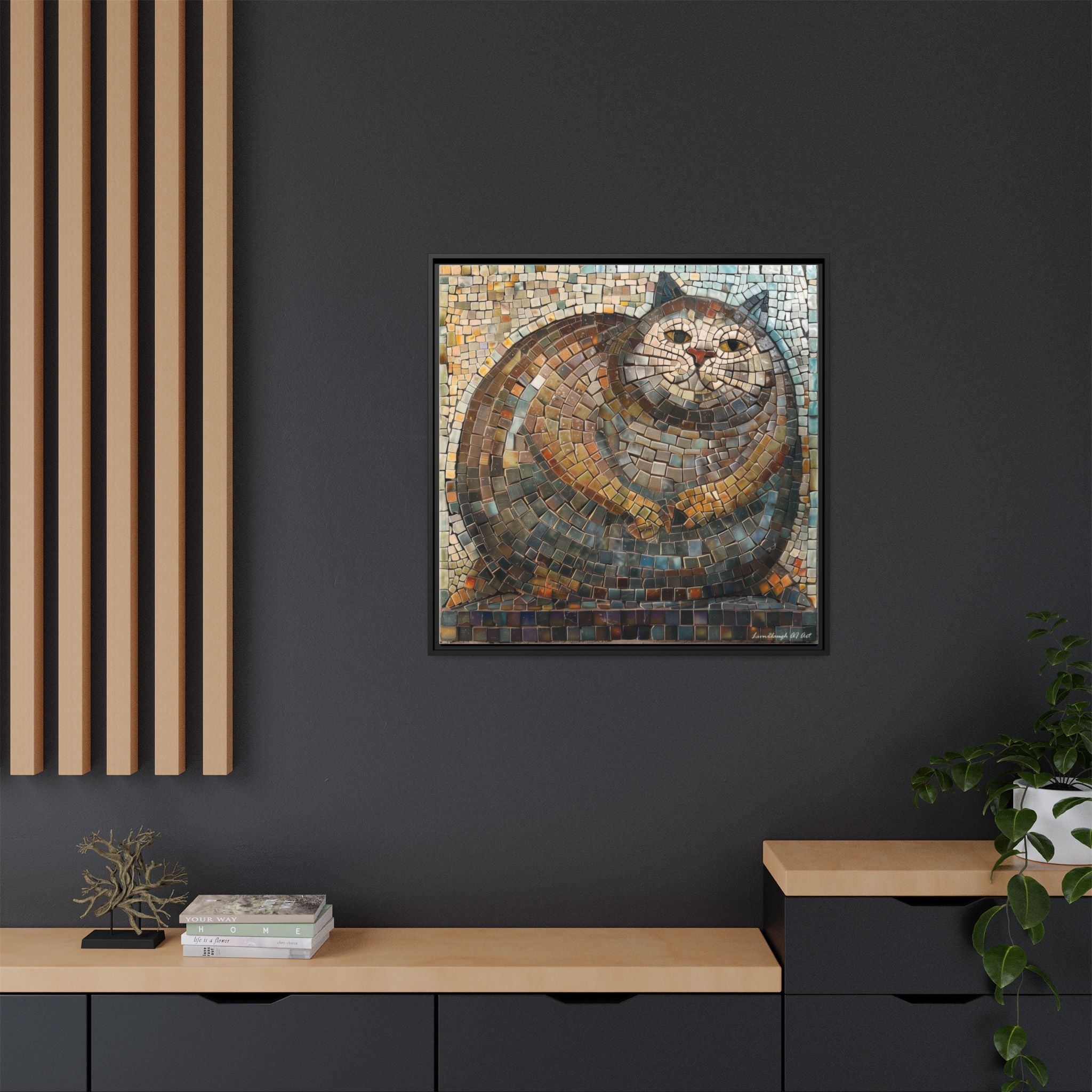 "Serene Mosaic Cat", Framed Mosaic Cat Art Print — Colorful Modern Wall Canvas