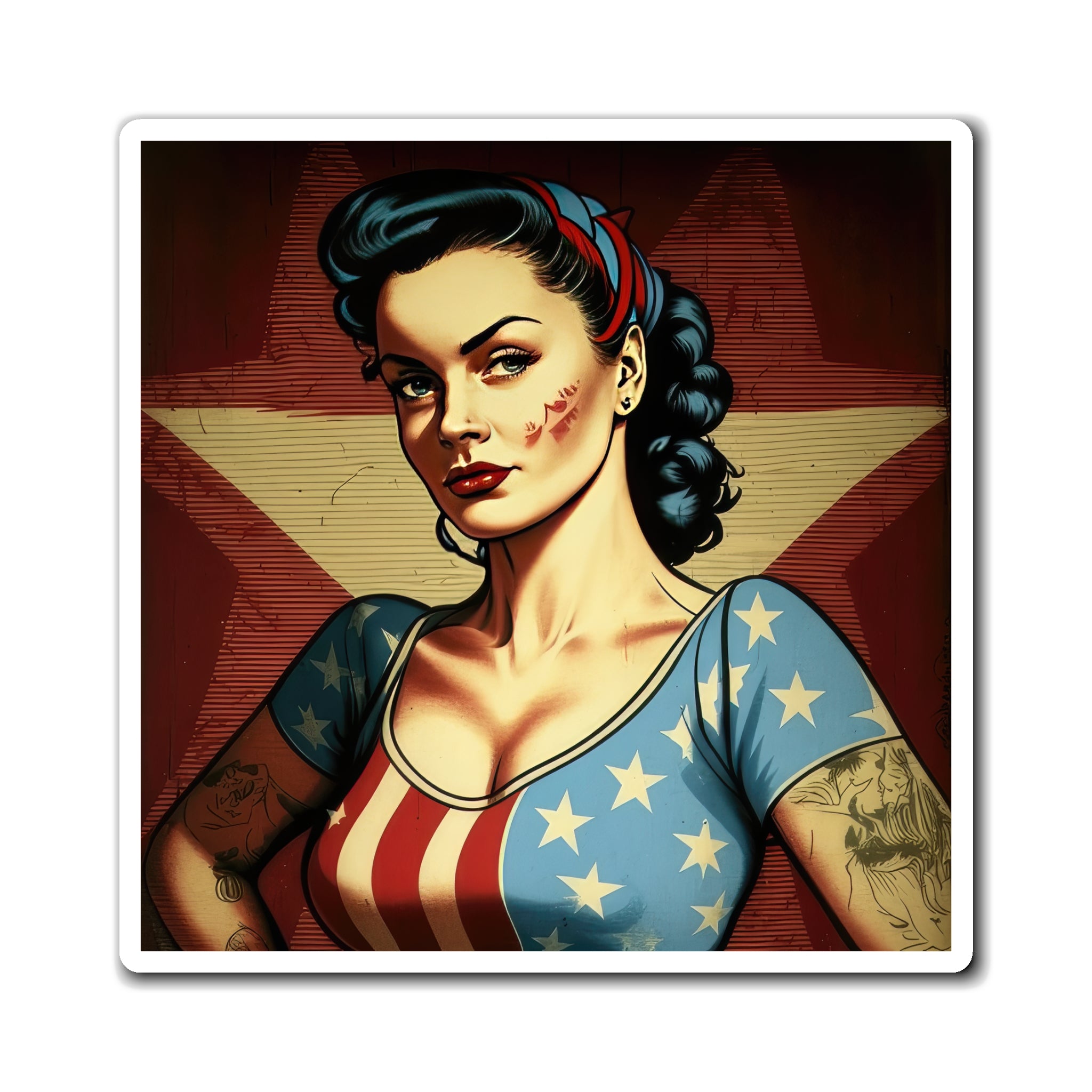 Retro Tattooed Pinup Blue, Red And White Star Magnet Style One