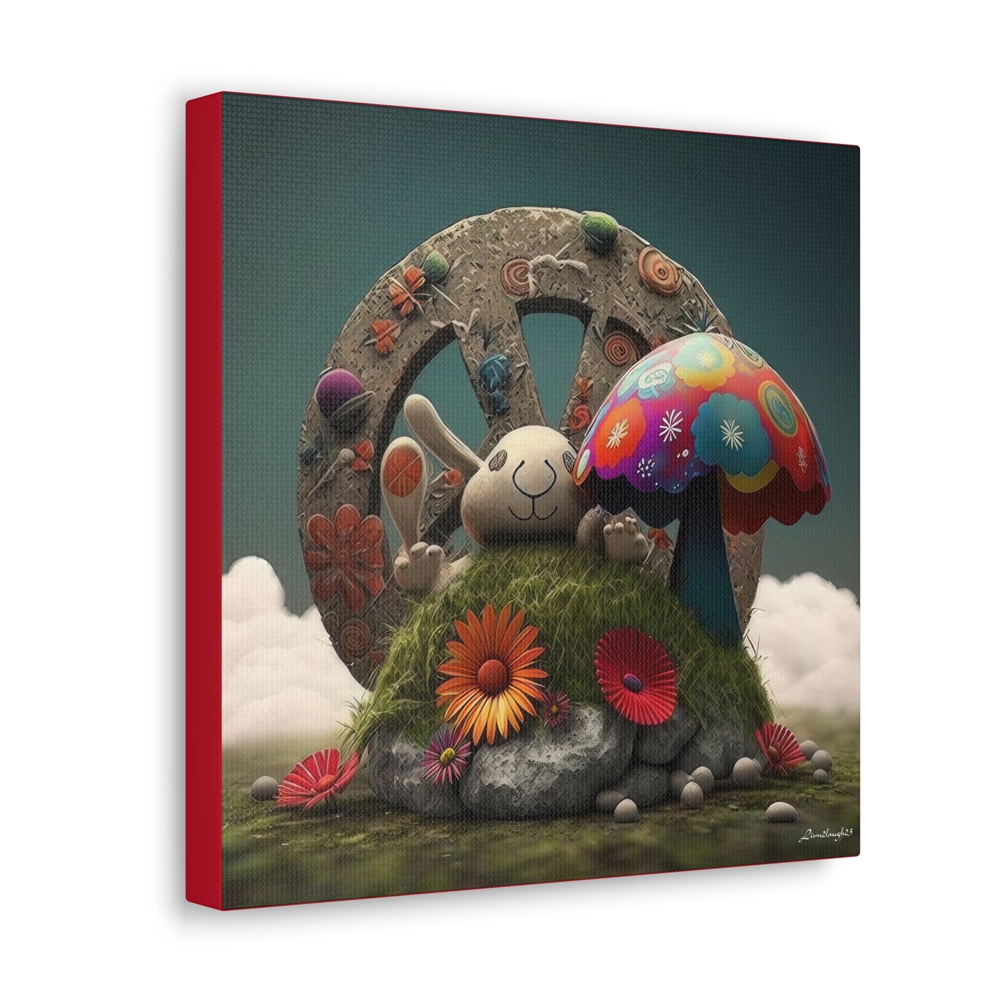 Beautiful Forest Round Peace Sign , Bunny Style Mushrooms  Flowers And Butterfly 12 Canvas Gallery Wraps