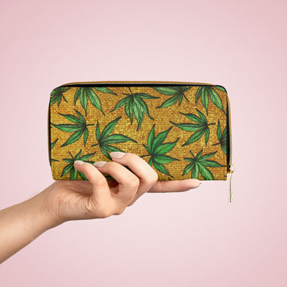 Gold And Green Marijuana Pot Weed Leaf With Gold Background 420 Zipper Wallet