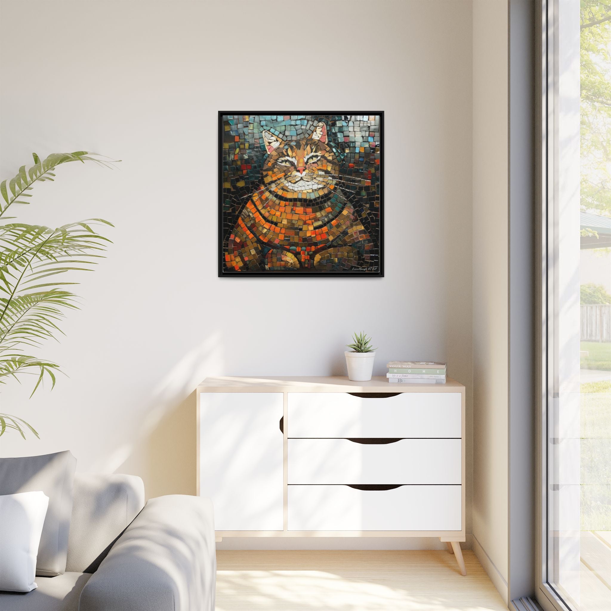 Mosaic Majesty: The Regal Cat, Framed Mosaic Cat Art Print — Colorful Modern Wall Canvas