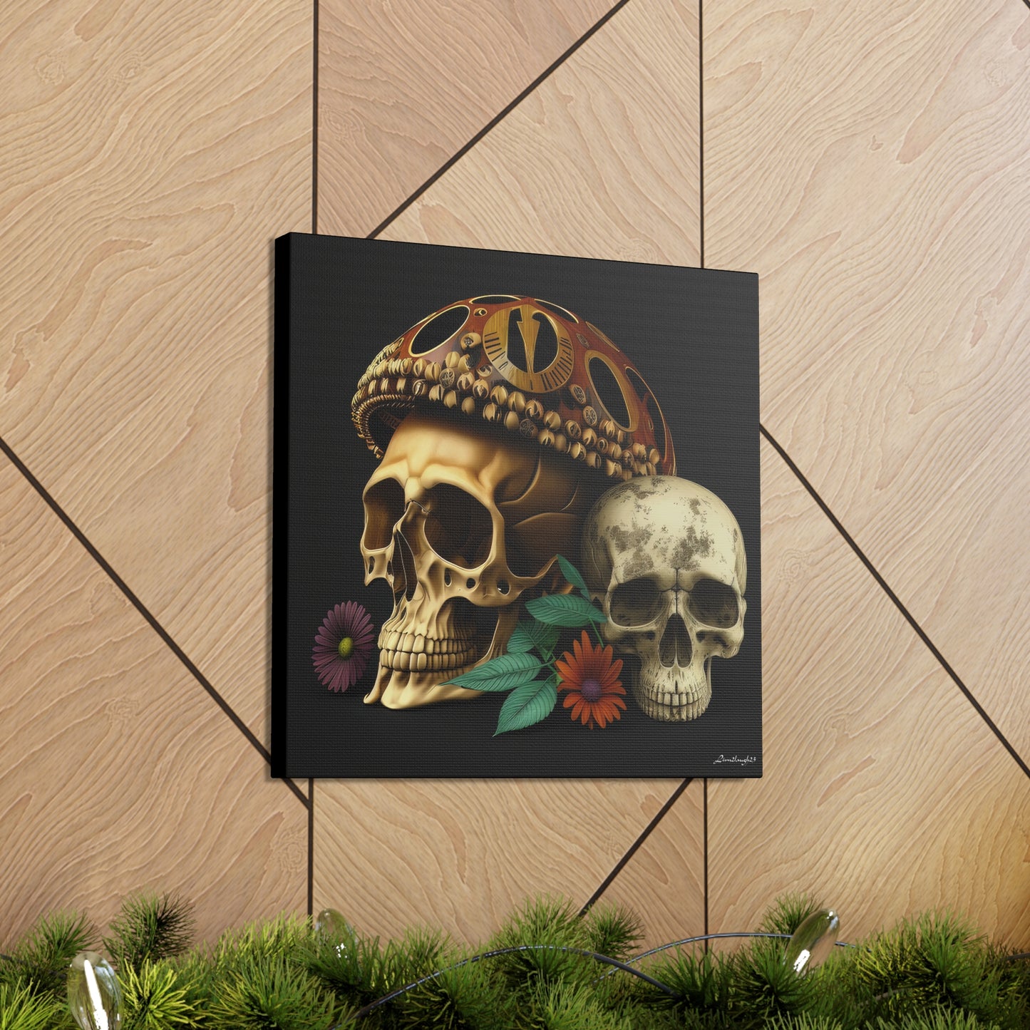 Double Skull With One Colorful Beautifully Detailed Helmet Purple Orange Flowers Canvas Gallery Wraps