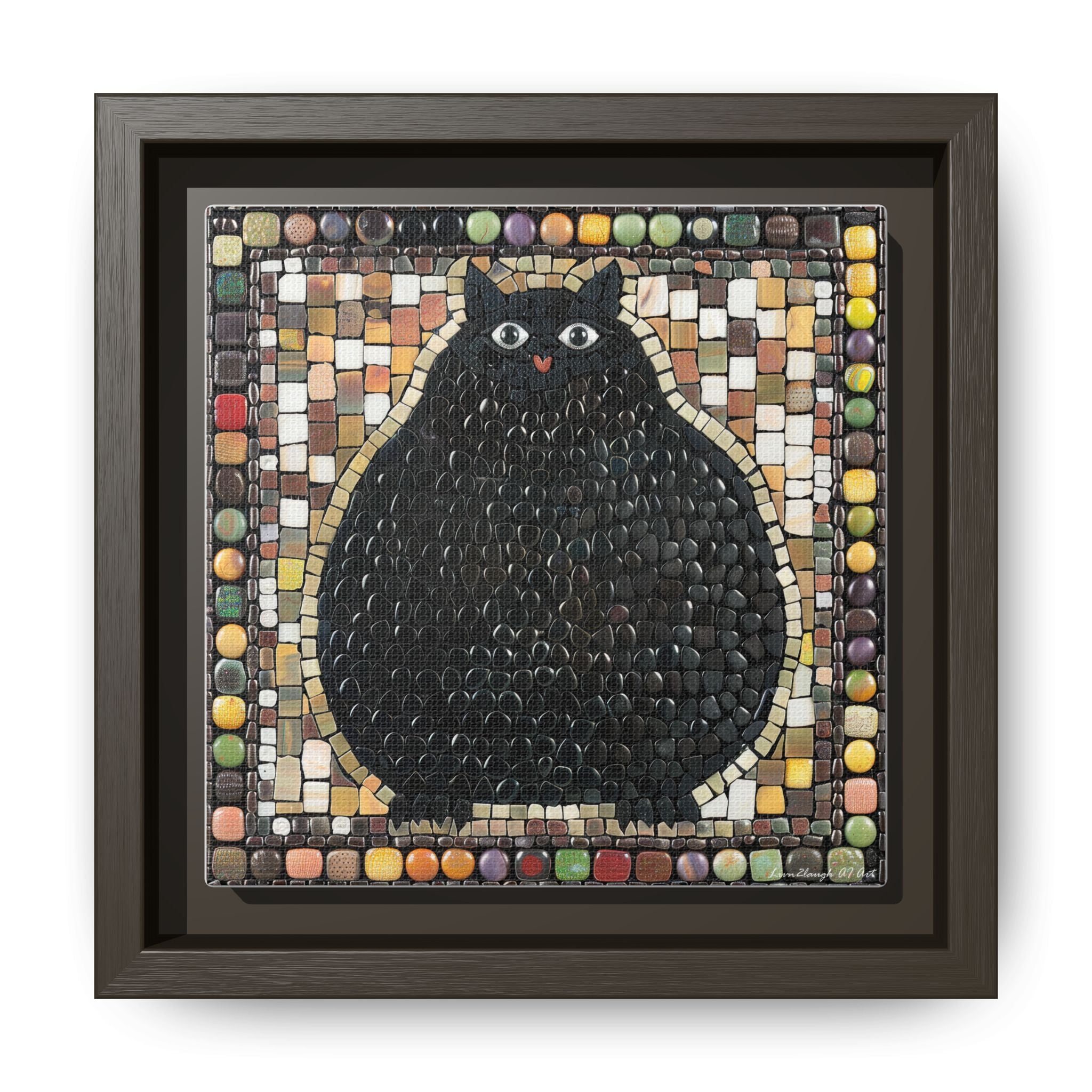 "Playful Black Cat Mosaic", Framed Mosaic Cat Art Print — Colorful Modern Wall Canvas