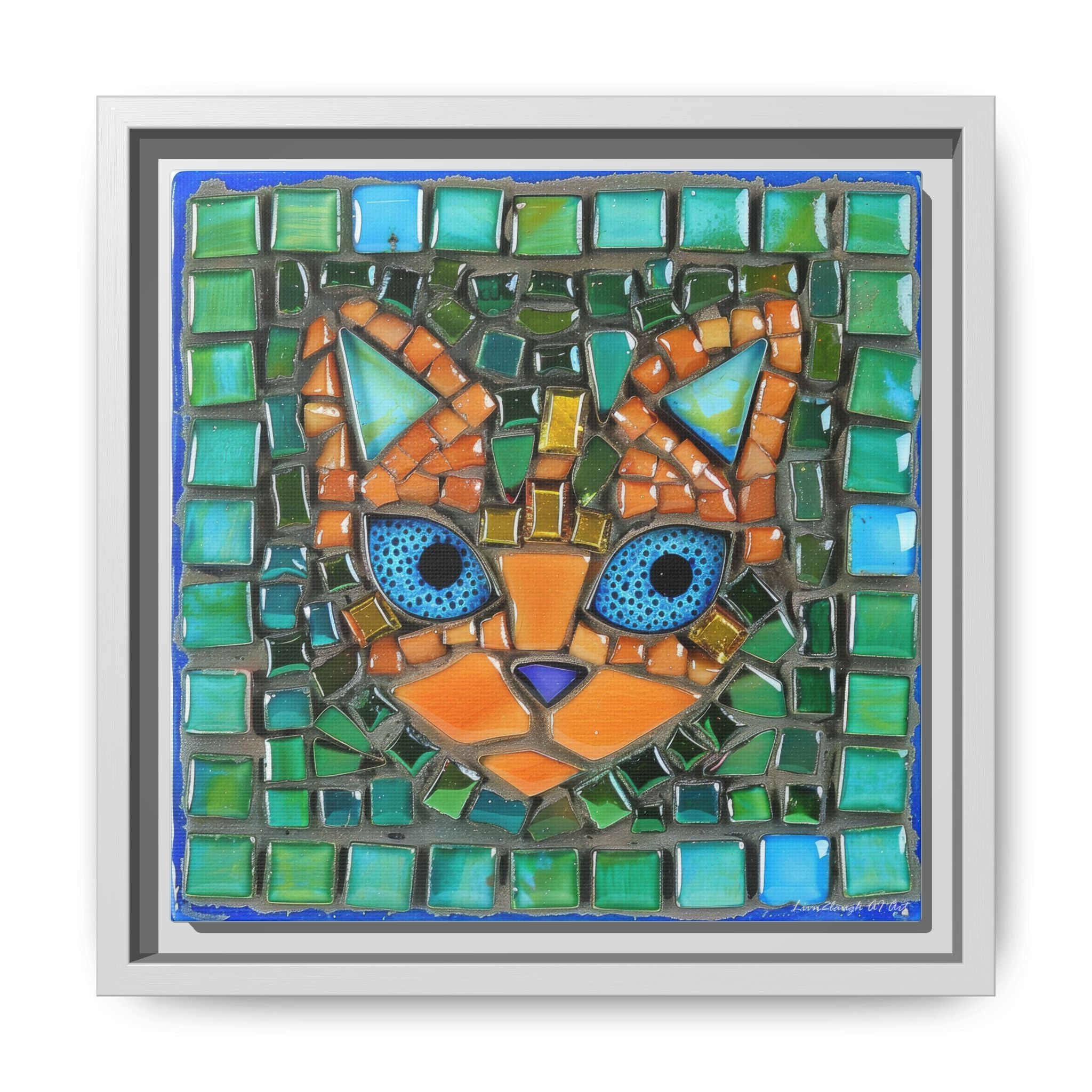 "Emerald Eyes Mosaic Cat", Framed Mosaic Cat Art Print — Colorful Modern Wall Canvas