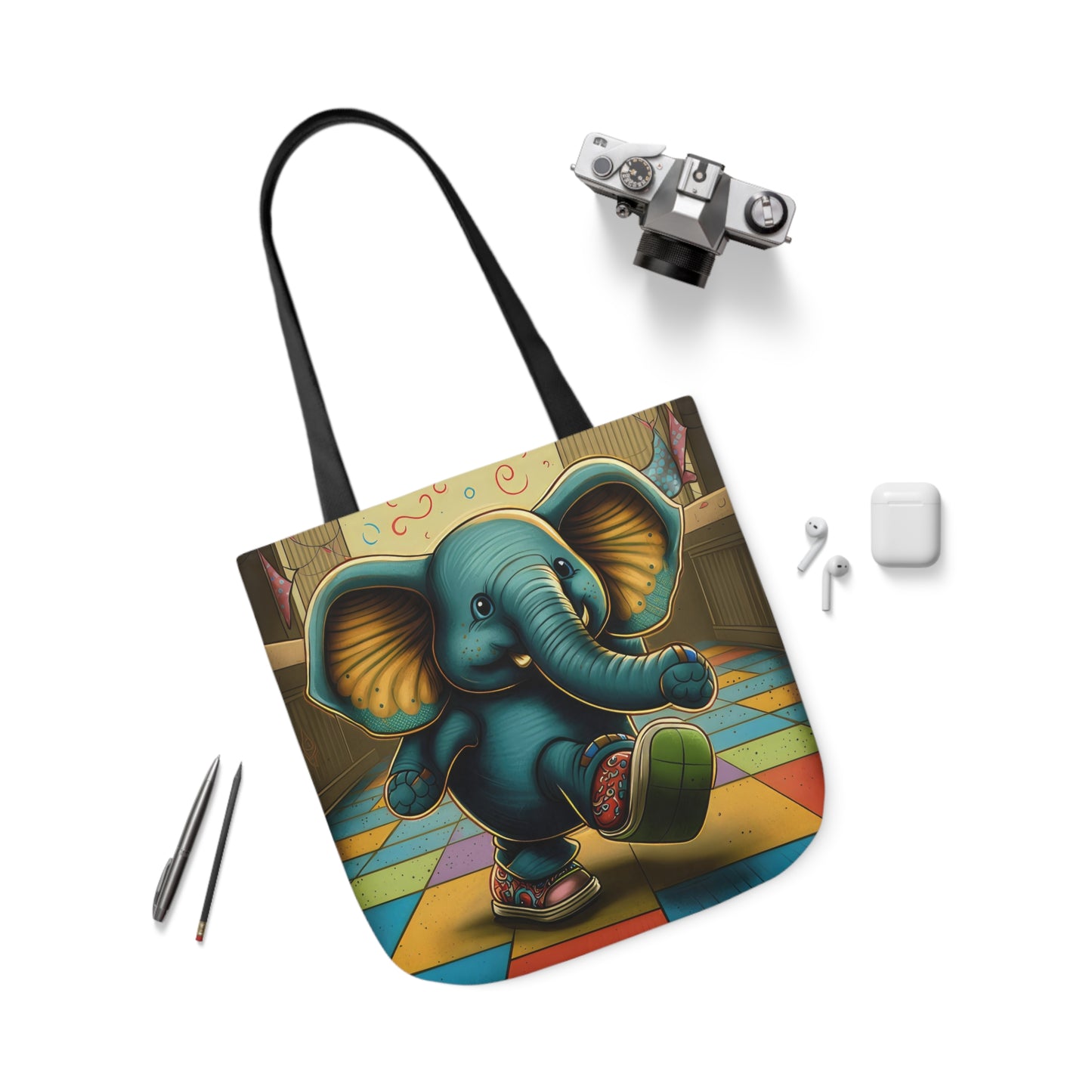 Elephant Kicking Leg On Colored Square Floor Polyester Canvas Tote Bag (AOP)